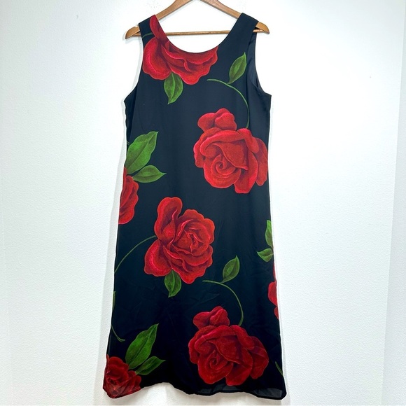 Vintage 90s Classic Red Rose Black Midi Dress Grunge Rachel Green Romantic - Picture 1 of 5